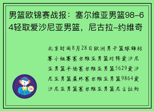 男篮欧锦赛战报：塞尔维亚男篮98-64轻取爱沙尼亚男篮，尼古拉-约维奇18+4+6